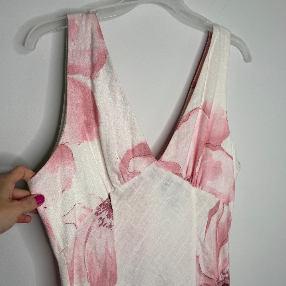Paper Heart Pink Floral Linen Blend V-Neck Maxi Dress White Cottagecore Garden L - Picture 2 of 5